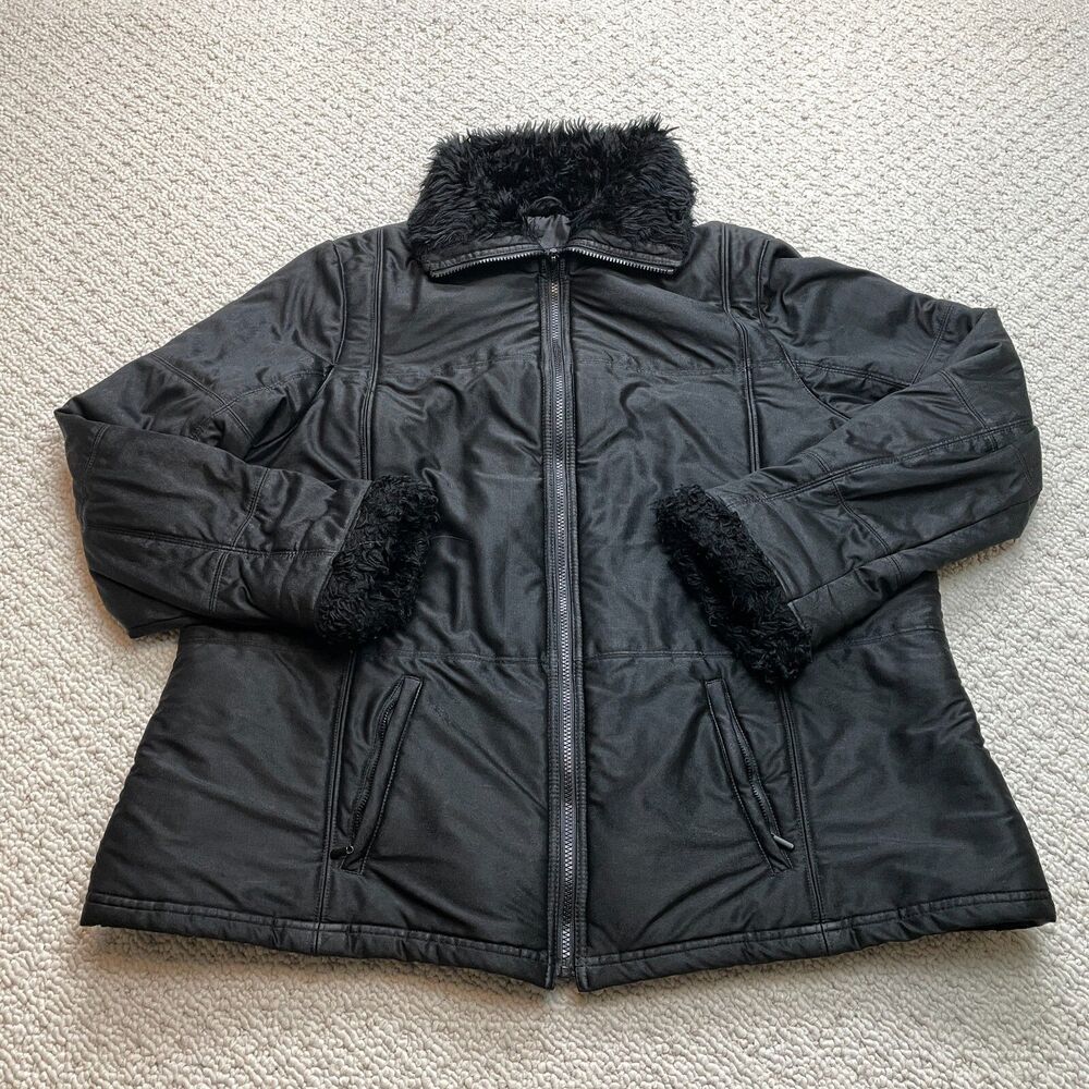 Lane Bryant 18/20 Women’s Full Zip Jacket Coat Faux Fur Trim Pockets Black Solid